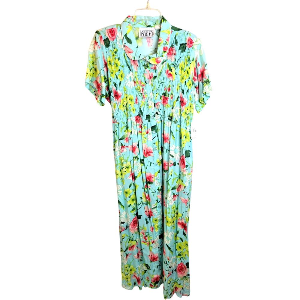 NWT Keren Hart Shell Button Shirt Dress Women's Size Large Blue‎ Floral Smocked